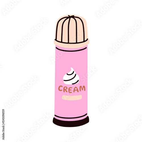 Whipped cream packed in spray bottle. Sweet dairy topping, soft airy milk icing for desserts. Sugar treat in plastic aerosol can. Creamy snack. Flat vector illustration isolated on white background
