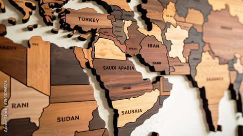 A detailed world map wall art featuring the Middle East and North Africa region, crafted from layered wooden panels in varying shades of brown and beige.