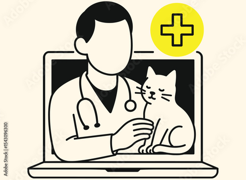  Telehealth Vet Illustration Online Pet Care Consultation with Cat and Veterinarian Vector