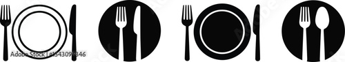Four place settings with fork knife spoon and plate on a white background