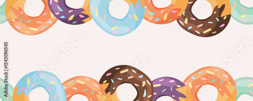 Vector border with bright donuts on top and bottom. Suitable for menus, packaging, business cards, text templates, cafe decoration and promotional layouts