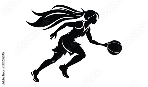 Silhouette of a female basketball player dribbling