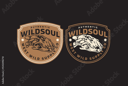 Predator skull retro badge logo vector design set for wildlife, hunter, adventure. Wild tiger skull bone vintage emblem logo graphic collections. Tiger cranium illustration label element designs