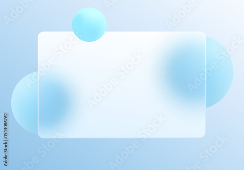 Minimal glassmorphism design with soft blue spheres and a translucent horizontal rectangle on pastel gradient background.