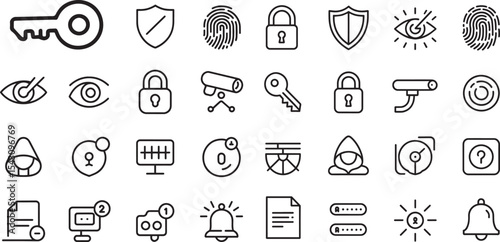 Twelve Minimal Black Line Art Icons Security Privacy Fingerprint Key Lock Shield Eye Vector Graphics Set