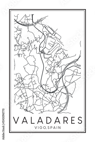 Hand drawn printable downtown road map poster of district VALADARES of the Spanish city of VIGO on solid white background with city name