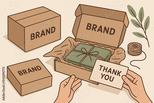 Eco-Friendly Unboxing Experience. Product packaging experience. Vector illustration of branded boxes, unboxing moment,