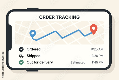 Delivery Tracking Interface. Order tracking interface. Vector illustration of delivery timeline, map route, and status updates on
