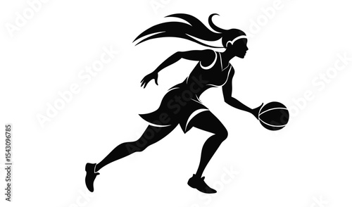 Silhouette of a female basketball player dribbling