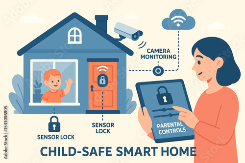 Child-Safe Smart Home. Vector illustration of child-safe smart home setup with sensor locks, camera monitoring, and parental
