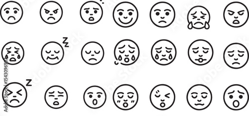 Twelve Minimalist Black Line Art Emoticons Depicting Diverse Facial Expressions Including Sadness Anger