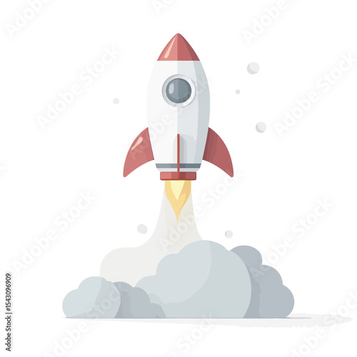 Illustration of a white and red rocket ship launching with smoke and fire on a white background.