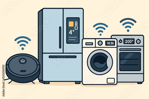 Smart Home Appliances. Vector illustration of smart home appliances such as robotic vacuum, connected fridge, washing machine, and