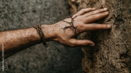 A close-up of a hand with a crack in the skin, wearing a rope bracelet and resting on a rough surface.