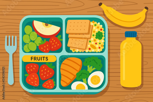 Healthy Lunchbox Ideas. Vector illustration of healthy lunchbox ideas with portioned fruits, grains, proteins, and colorful layout