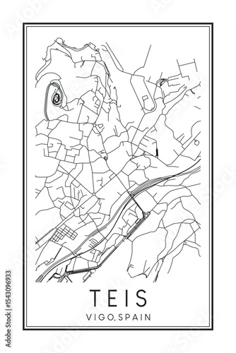 Hand drawn printable downtown road map poster of district TEIS of the Spanish city of VIGO on solid white background with city name
