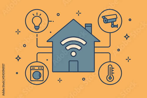 Seamless Smart Home Integration. Smart home ecosystem Vector illustration showing seamless integration between lights, security,