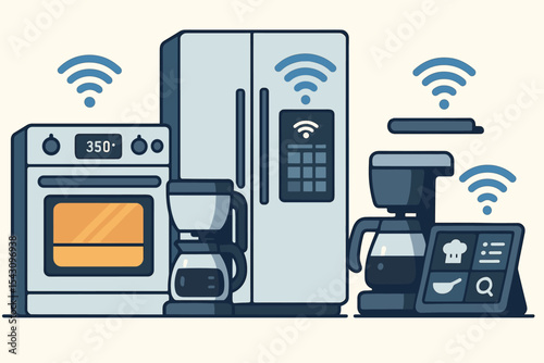 Smart Kitchen Gadgets. Vector illustration of smart kitchen appliances including Wi-Fi enabled oven, smart fridge, coffee maker,