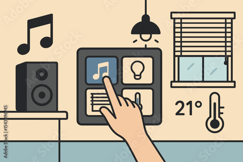 Smart Home Control. Vector illustration of home automation with touch panel controlling music, lighting, blinds, and temperature