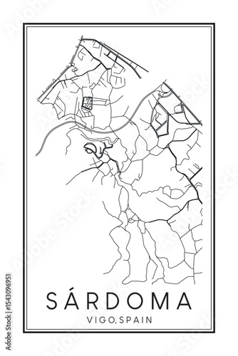 Hand drawn printable downtown road map poster of district SÁRDOMA of the Spanish city of VIGO on solid white background with city name