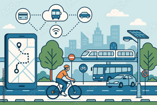 Smart Mobility Ecosystem. Smart mobility ecosystem — Vector illustration of interconnected transport options on shared payment and