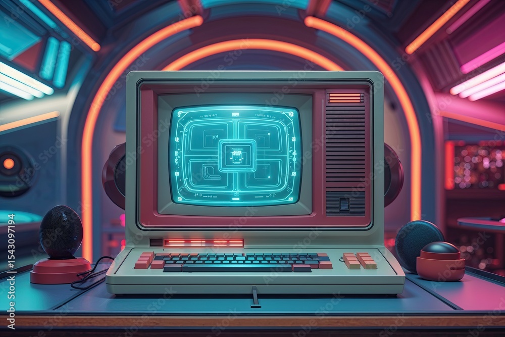 Obraz premium Imaginative Retro-Futuristic 80s Personal Computer Backdrop