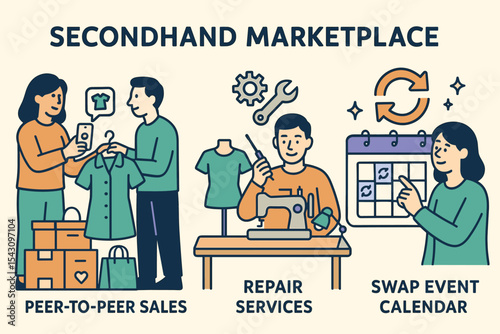 Secondhand Marketplace Illustration. Vector illustration of secondhand marketplace with peer-to-peer sales, repair services, and