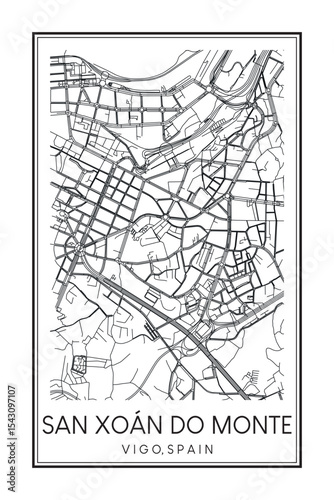 Hand drawn printable downtown road map poster of district SAN XOÁN DO MONTE of the Spanish city of VIGO on solid white background with city name