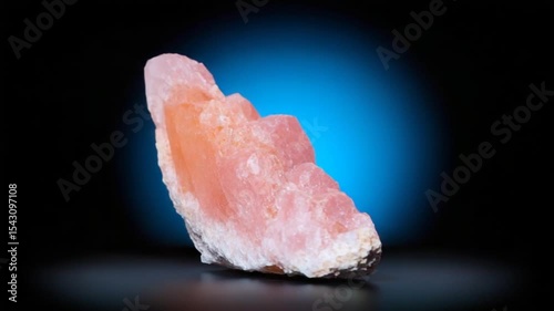 A vibrant pink crystal mineral on a dark background with a soft blue glow highlighting its features