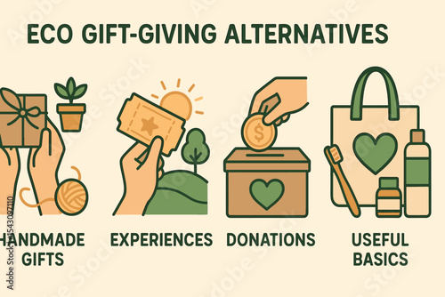 Eco-Friendly Gift Ideas. Vector illustration of eco gift-giving alternatives: handmade gifts, experiences, donations, and useful