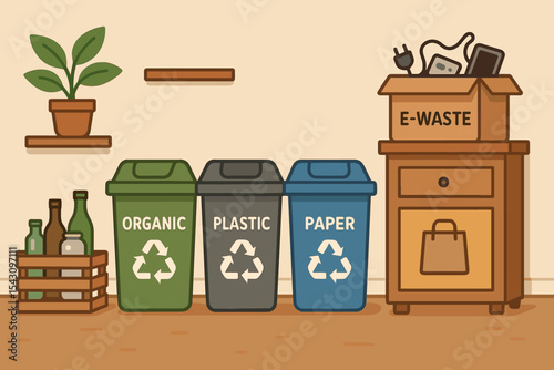 Waste Sorting Station. Vector illustration of home waste sorting corner with labeled bins, glass crate, e-waste box, and paper bag