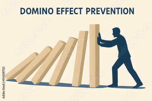Preventing the Cascade: An illustration encapsulates the critical moment of preventing a domino effect, with a figure decisively holding back the falling blocks, symbolizing proactive control.