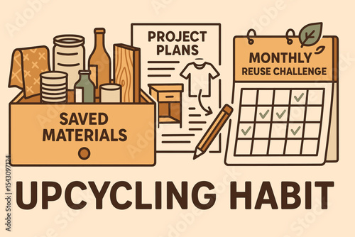 Creative Upcycling Projects. Vector illustration of upcycling habit with drawer of saved materials, project plans, and monthly