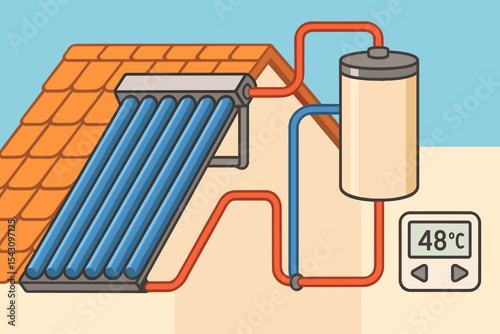 Solar Water Heater System. Vector illustration of solar water heater system with roof-mounted collector, insulated tank, and