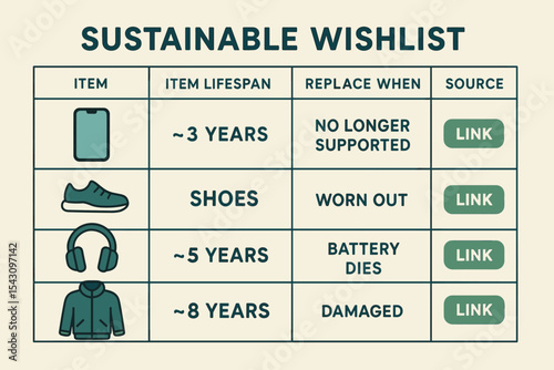 Sustainable Shopping Guide. Vector illustration of sustainable wishlist layout with item lifespan, replacement logic, and source