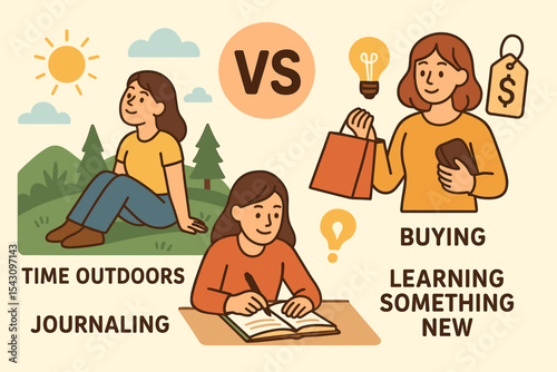 Alternative Rewards. Vector illustration of alternative reward system: time outdoors, journaling, learning something new instead