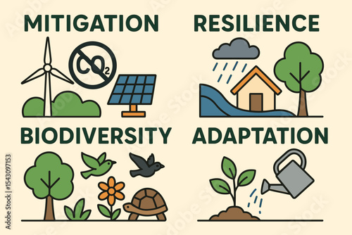 Climate Vocabulary Wall. Vector illustration of climate vocabulary wall with illustrated words: mitigation, resilience,