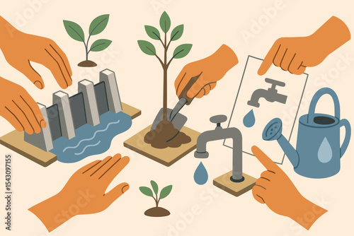 Adaptation Project Illustration. Vector illustration of hands-on adaptation project with flood barrier models, tree planting, and