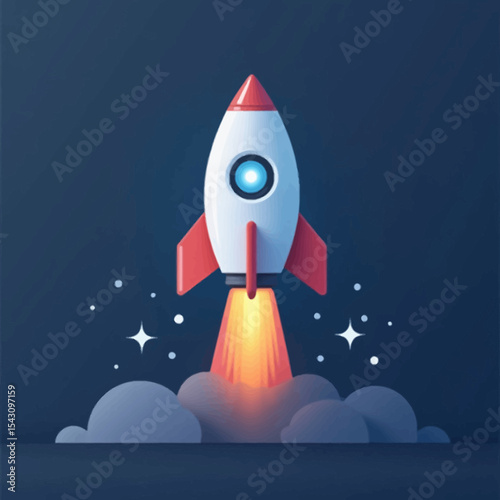 A stylized rocket launching into space, propelled by fiery exhaust, against a dark background.