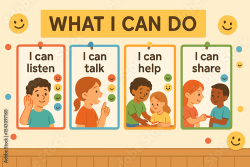 Classroom Achievement Wall. Vector illustration of classroom “What I can do” wall with pledges, illustrated cards, and stickers