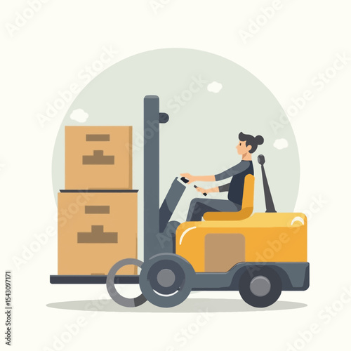 A woman operates a forklift, carrying stacked boxes.