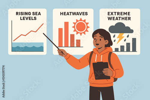Youth Climate Presentation. Visualize the data — Vector illustration of youth presenting charts on rising sea levels, heatwaves,