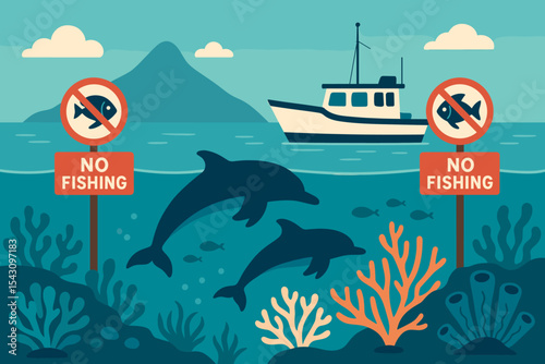 Protected Ocean Sanctuary. Vector illustration of protected ocean zone with dolphins, coral reefs, research boat, and “No fishing”
