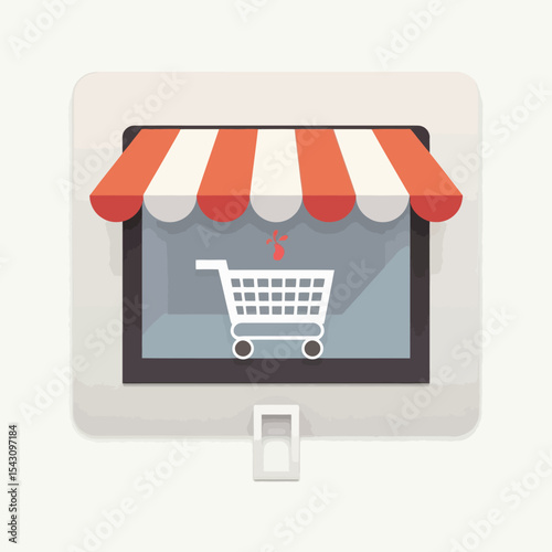 Digital storefront icon featuring a shopping cart, awning, and window design.