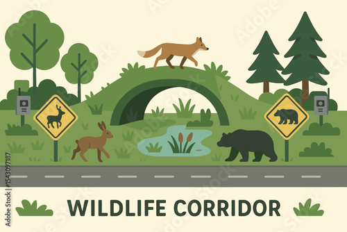 Wildlife Corridor Illustration. Vector illustration of wildlife corridor concept with connected habitats, animal crossing signs,