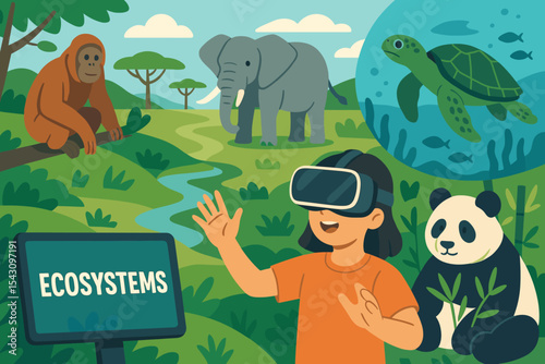 Immersive VR Ecosystem Exploration. Vector illustration of educational VR experience exploring ecosystems and meeting endangered