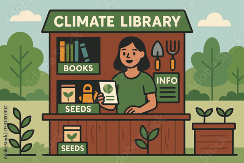 Sustainability Library Kiosk. Vector illustration of climate library kiosk offering books, tools, seeds, and information on
