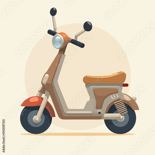 A cartoon illustration of a brown and orange scooter with a beige background.