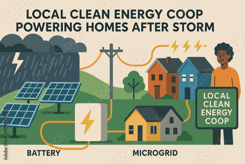 Community Microgrid Power. Vector illustration of local clean energy coop powering homes after storm with microgrid, battery
