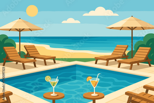 Beachfront Pool Oasis. Vector illustration of resort pool overlooking the beach with sun loungers, parasols, and clear cocktails